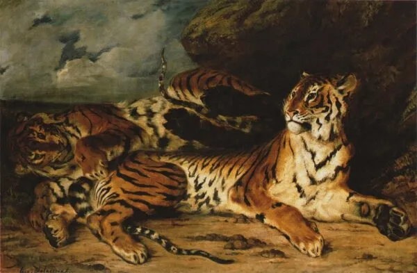 A Young Tiger Playing with its Mother (1830) by Eugène Delacroix — original painting reproduced as a hand-painted oil on canvas