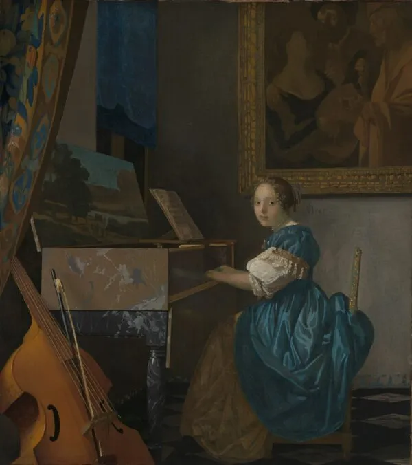 A Young Woman seated at a Virginal (1670) by Johannes Vermeer — original painting reproduced as a hand-painted oil on canvas