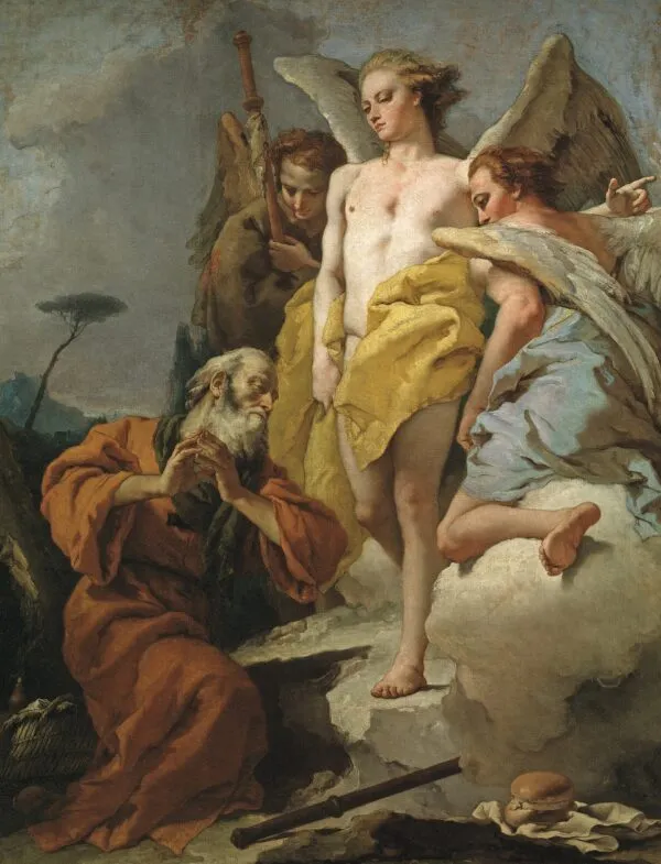 Abraham and the three Angels (1750) by Giovanni Battista Tiepolo — original painting reproduced as a hand-painted oil on canvas