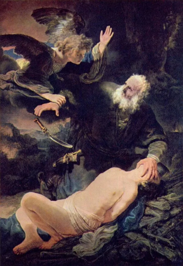 Abraham's Sacrifice (1635) by Rembrandt — original painting reproduced as a hand-painted oil on canvas