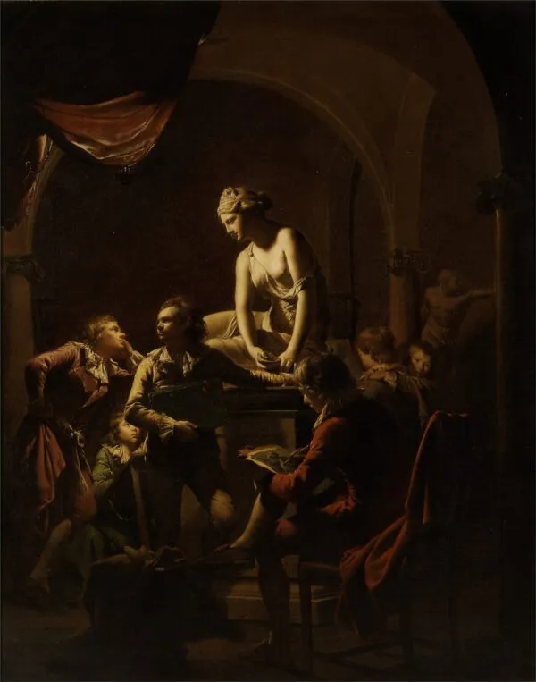 Academy by Lamplight (1769) by Joseph Wright of Derby — original painting reproduced as a hand-painted oil on canvas