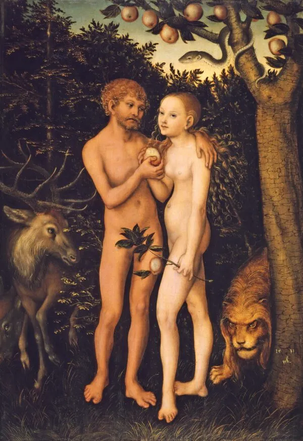 Adam and Eve in Paradise (Fall of Man) (1531) by Lucas Cranach the Elder — original painting reproduced as a hand-painted oil on canvas