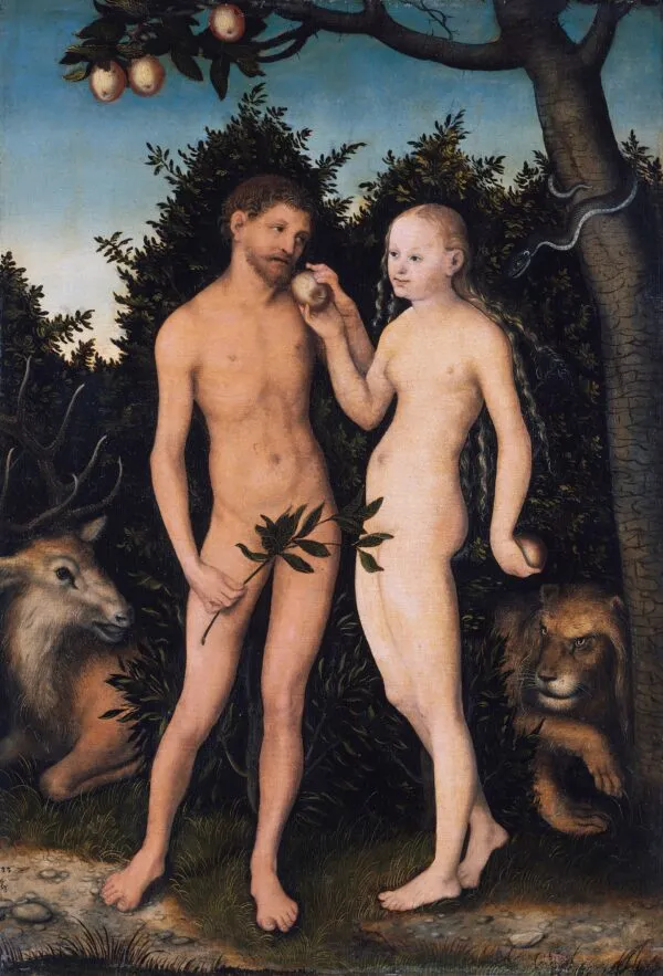Adam and Eve in paradise (1533) by Lucas Cranach the Elder — original painting reproduced as a hand-painted oil on canvas
