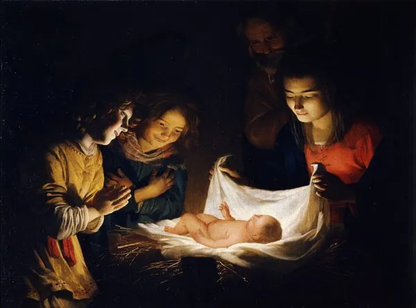Adoration of the Child (1620) by Gerard van Honthorst — original painting reproduced as a hand-painted oil on canvas