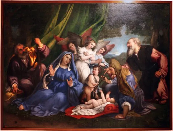 Adoration of the Child (1554) by Lorenzo Lotto — original painting reproduced as a hand-painted oil on canvas