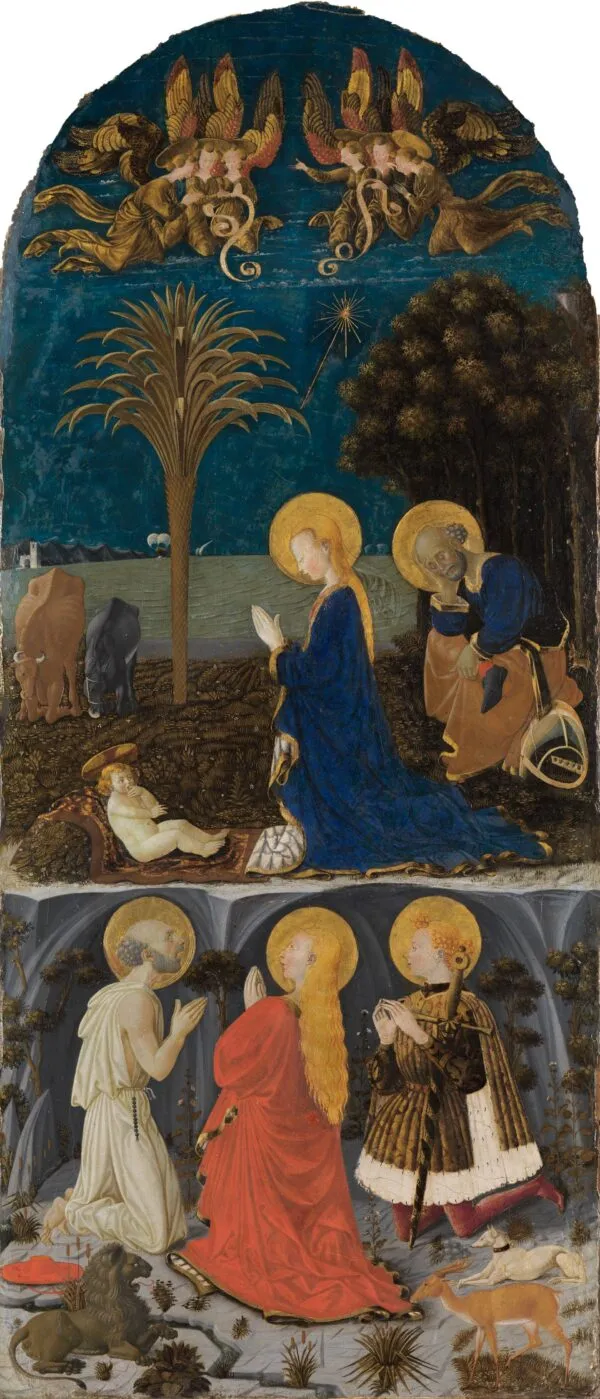 Adoration of the Child with Saints Jerome, Mary Magdalene, Eustace and Julian (1436) by Paolo Uccello — original painting reproduced as a hand-painted oil on canvas