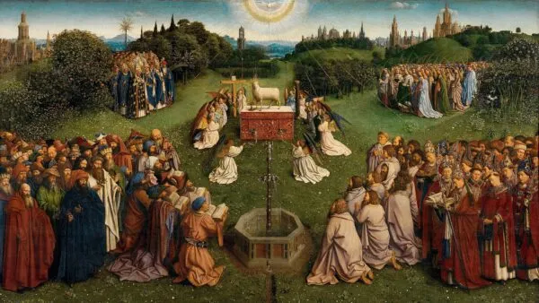 Adoration of the Lamb from the Ghent Altarpiece (1432) by Jan van Eyck — original painting reproduced as a hand-painted oil on canvas