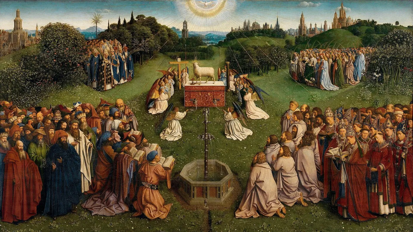 Adoration of the Lamb from the Ghent Altarpiece (1432) by Jan van Eyck — original painting reproduced as a hand-painted oil on canvas