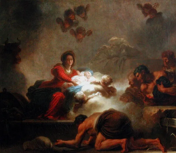 Adoration of the Shepherds (1775) by Jean-Honoré Fragonard — original painting reproduced as a hand-painted oil on canvas