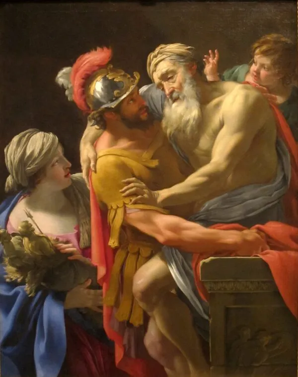 Æneas and His Father Fleeing Troy (1635) by Simon Vouet — original painting reproduced as a hand-painted oil on canvas