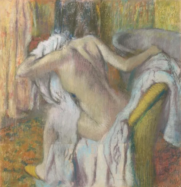 After the Bath, Woman Drying Herself (1890) by Edgar Degas — original painting reproduced as a hand-painted oil on canvas