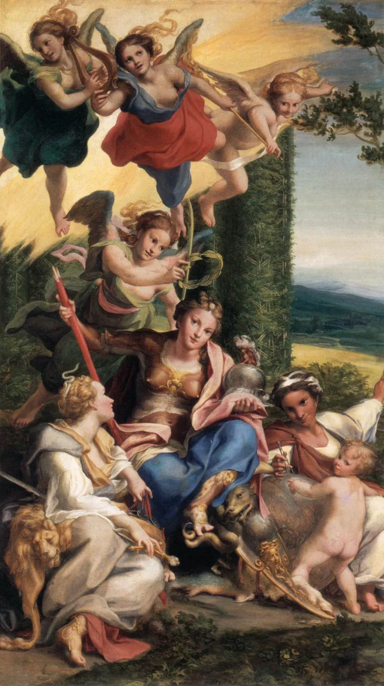 Allegory of Virtues (1531) by Antonio da Correggio — original painting reproduced as a hand-painted oil on canvas
