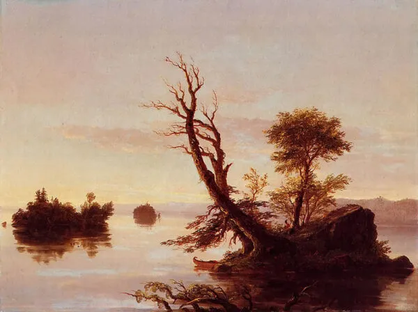 American Lake Scene (1844) by Thomas Cole — original painting reproduced as a hand-painted oil on canvas