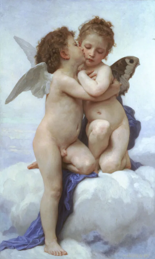 Amor and Psyche, children (1890) by William-Adolphe Bouguereau — original painting reproduced as a hand-painted oil on canvas