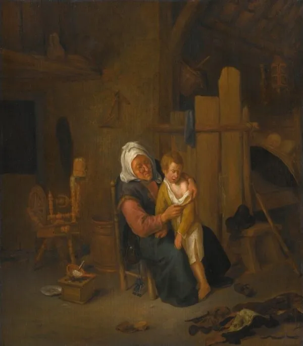 An Old Lady with a Young Boy, in an Interior (1658) by Jan Steen — original painting reproduced as a hand-painted oil on canvas