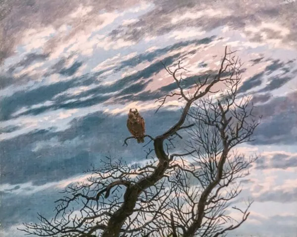 An owl on a bare tree (1834) by Caspar David Friedrich — original painting reproduced as a hand-painted oil on canvas