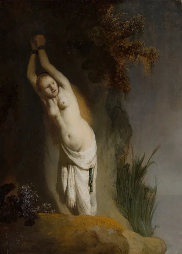 Andromeda Chained to the Rocks (1630) by Rembrandt — original painting reproduced as a hand-painted oil on canvas