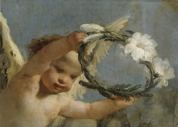 Angel with a Crown of Lilies (1767) by Giovanni Battista Tiepolo — original painting reproduced as a hand-painted oil on canvas