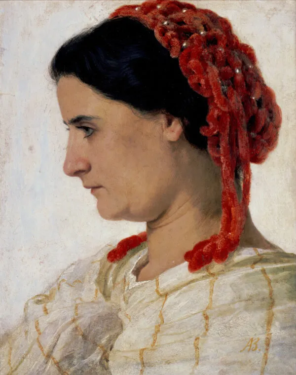 Angela Böcklin with a red hairnet (1863) by Arnold Böcklin — original painting reproduced as a hand-painted oil on canvas