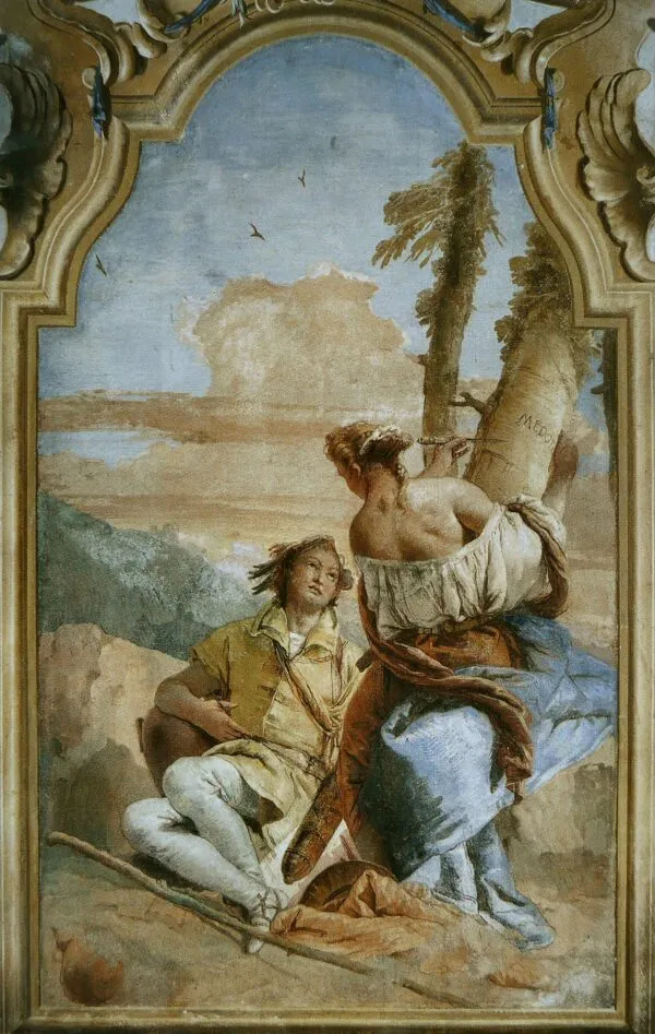 Angelica Carving Medoro's Name on a Tree (1757) by Giovanni Battista Tiepolo — original painting reproduced as a hand-painted oil on canvas