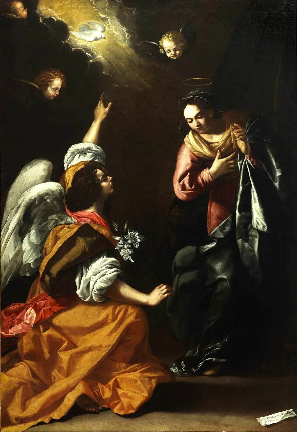 Annunciation (1630) by Artemisia Gentileschi — original painting reproduced as a hand-painted oil on canvas
