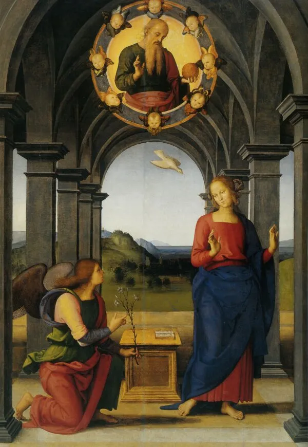 Annunciation of Fano (1488) by Pietro Perugino — original painting reproduced as a hand-painted oil on canvas