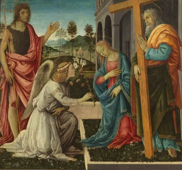 Annunciation with Saints John the Baptist and Andrew (1485) by Filippino Lippi — original painting reproduced as a hand-painted oil on canvas