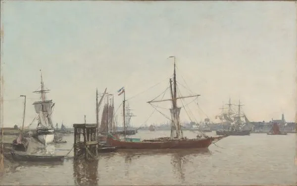 Antwerp: View of the Port from the Tête de Flandres (1871) by Eugène Louis Boudin — original painting reproduced as a hand-painted oil on canvas