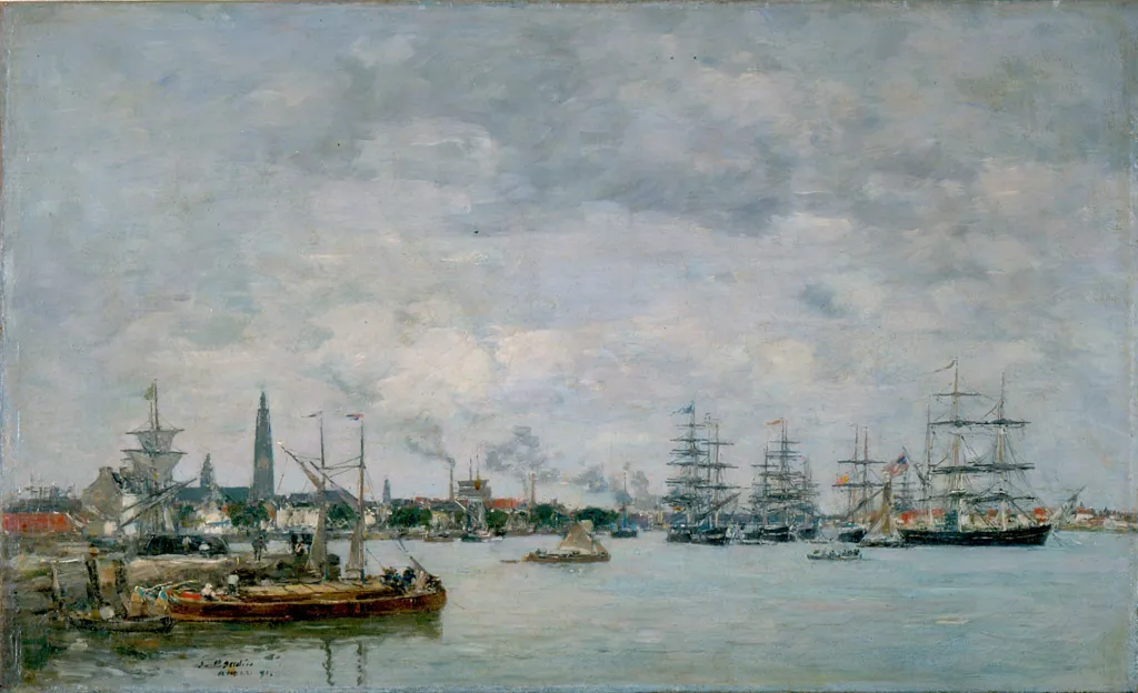 Anvers. Bateaux sur l'Escaut (1871) by Eugène Louis Boudin — original painting reproduced as a hand-painted oil on canvas