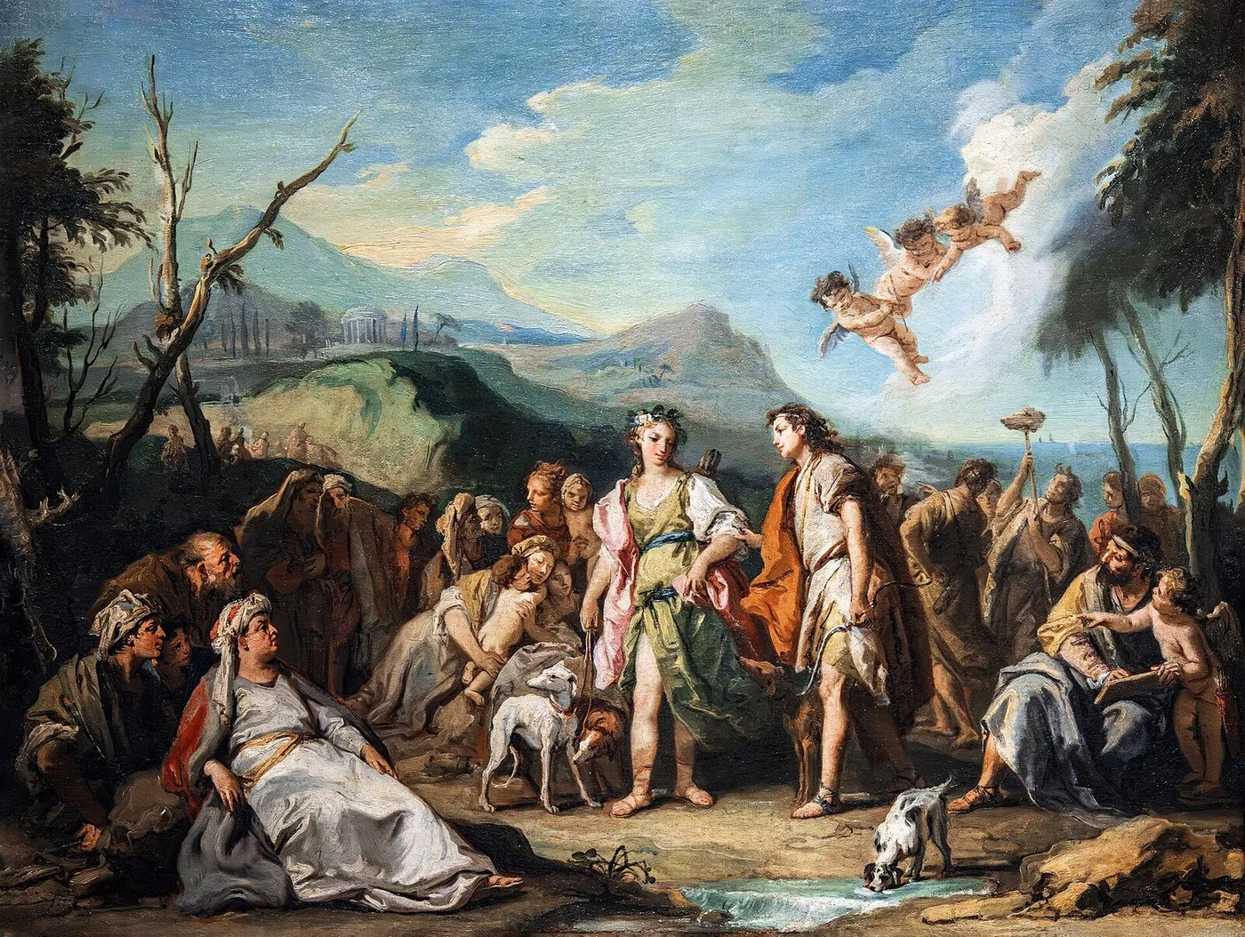 Anzia and Abrocome meet at the Feasts of Diana (1743) by Giovanni Battista Tiepolo — original painting reproduced as a hand-painted oil on canvas