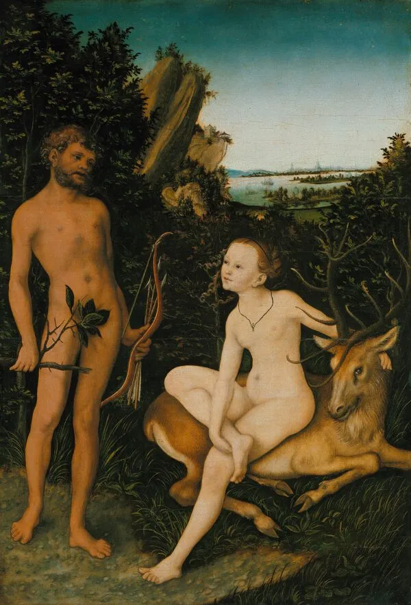 Apollo and Diana in forest landscape (1530) by Lucas Cranach the Elder — original painting reproduced as a hand-painted oil on canvas