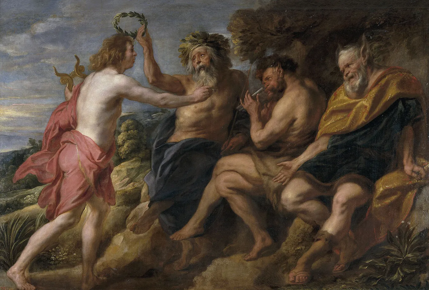 Apollo as Victor over Pan (1636) by Jacob Jordaens — original painting reproduced as a hand-painted oil on canvas