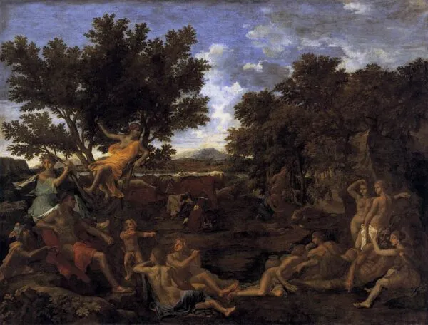 Apollo in Love with Daphne (1664) by Nicolas Poussin — original painting reproduced as a hand-painted oil on canvas