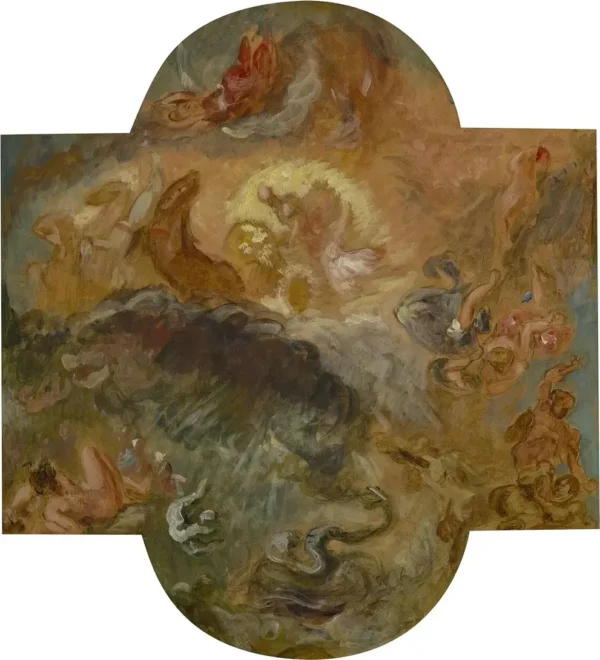 Apollo Slays Python (1850) by Eugène Delacroix — original painting reproduced as a hand-painted oil on canvas