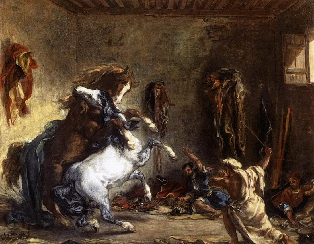 Arab Horses fighting in a stable (1860) by Eugène Delacroix — original painting reproduced as a hand-painted oil on canvas