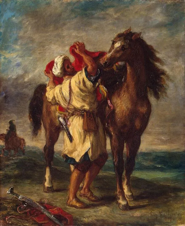 Arab Saddling his Horse (1855) by Eugène Delacroix — original painting reproduced as a hand-painted oil on canvas
