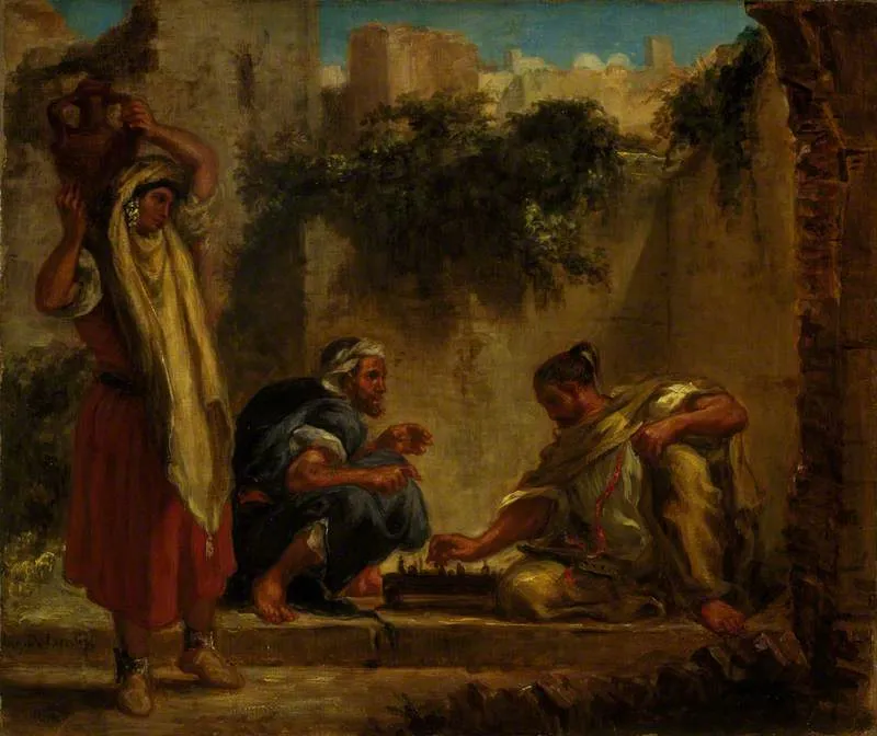 Arabs playing chess (1847) by Eugène Delacroix — original painting reproduced as a hand-painted oil on canvas