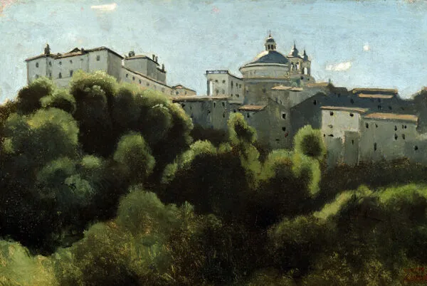 Ariccia with the Palazzo Chigi (1826) by Jean-Baptiste Camille Corot — original painting reproduced as a hand-painted oil on canvas