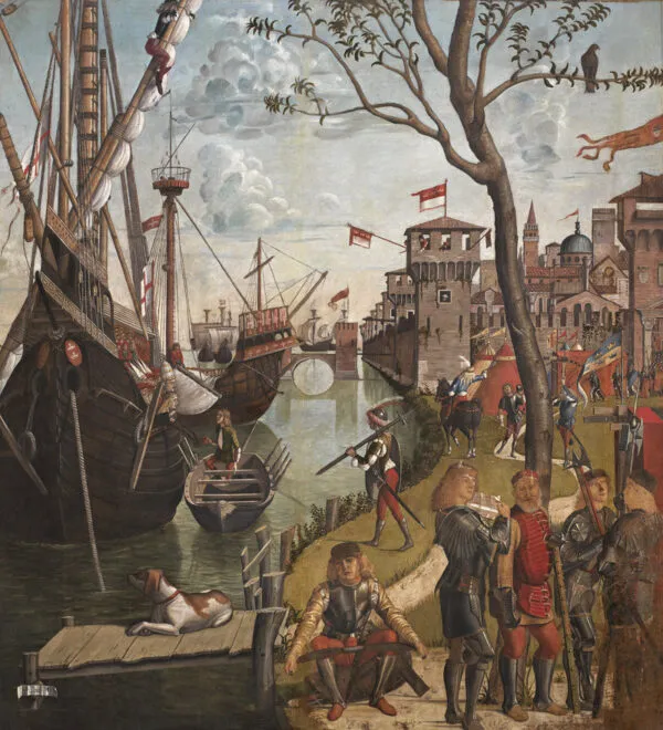 Arrival of the Pilgrims in Cologne (1490) by Vittore Carpaccio — original painting reproduced as a hand-painted oil on canvas