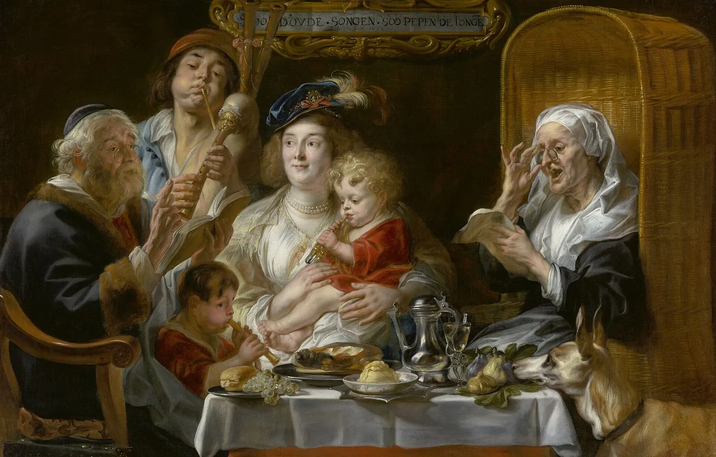 As the Old Sing, So Pipe the Young (1638) by Jacob Jordaens — original painting reproduced as a hand-painted oil on canvas