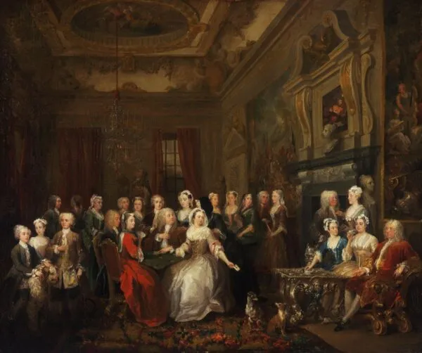 Assembly at Wanstead House (1731) by William Hogarth — original painting reproduced as a hand-painted oil on canvas