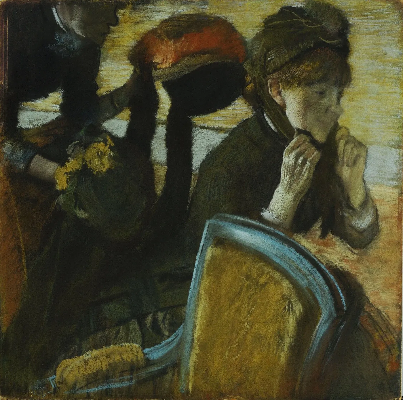 At the Milliner's (1882) by Edgar Degas — original painting reproduced as a hand-painted oil on canvas