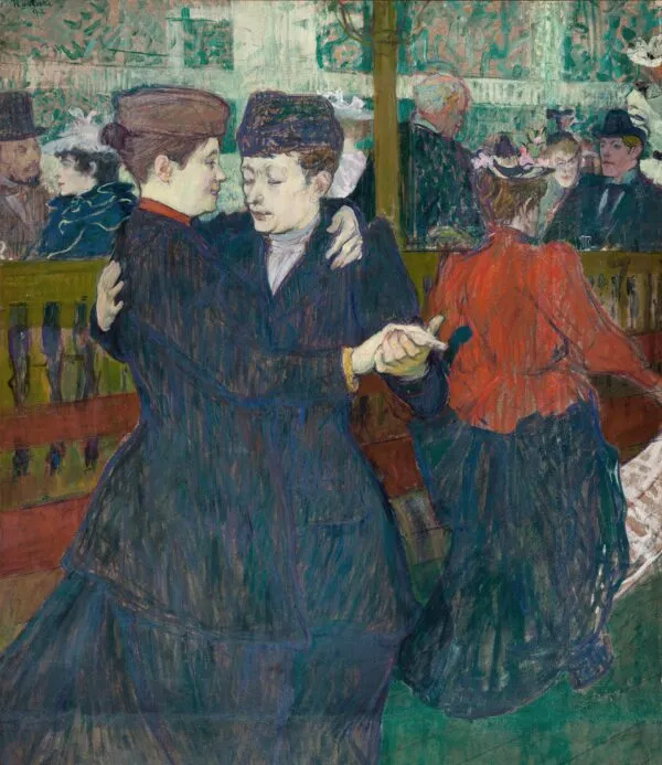 At the Moulin Rouge: Two women waltzing (1892) by Henri de Toulouse-Lautrec — original painting reproduced as a hand-painted oil on canvas