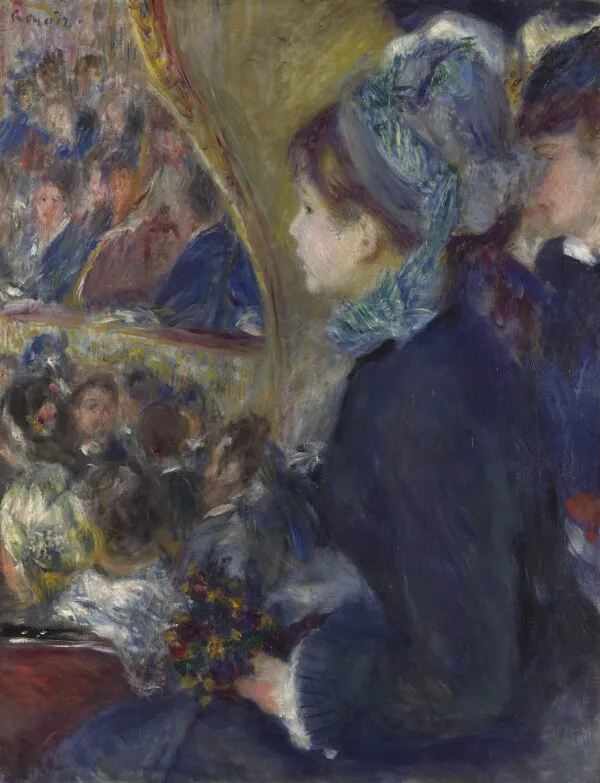 At the Theatre (La Première Sortie) (1876) by Pierre-Auguste Renoir — original painting reproduced as a hand-painted oil on canvas