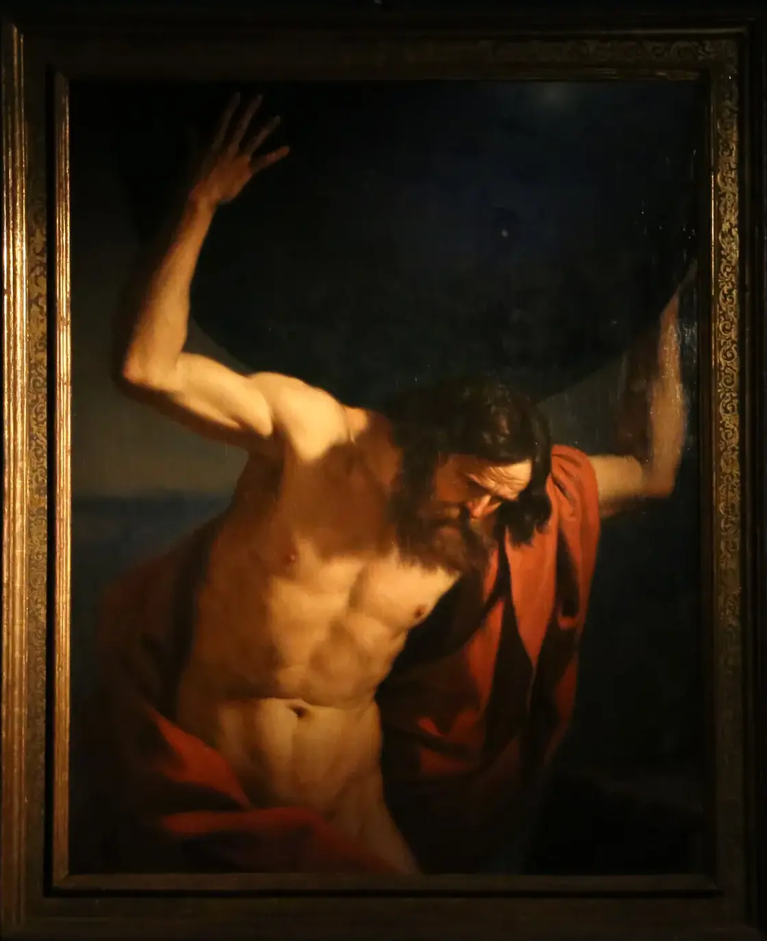 Atlas holding up the celestial globe (1646) by Guercino — original painting reproduced as a hand-painted oil on canvas