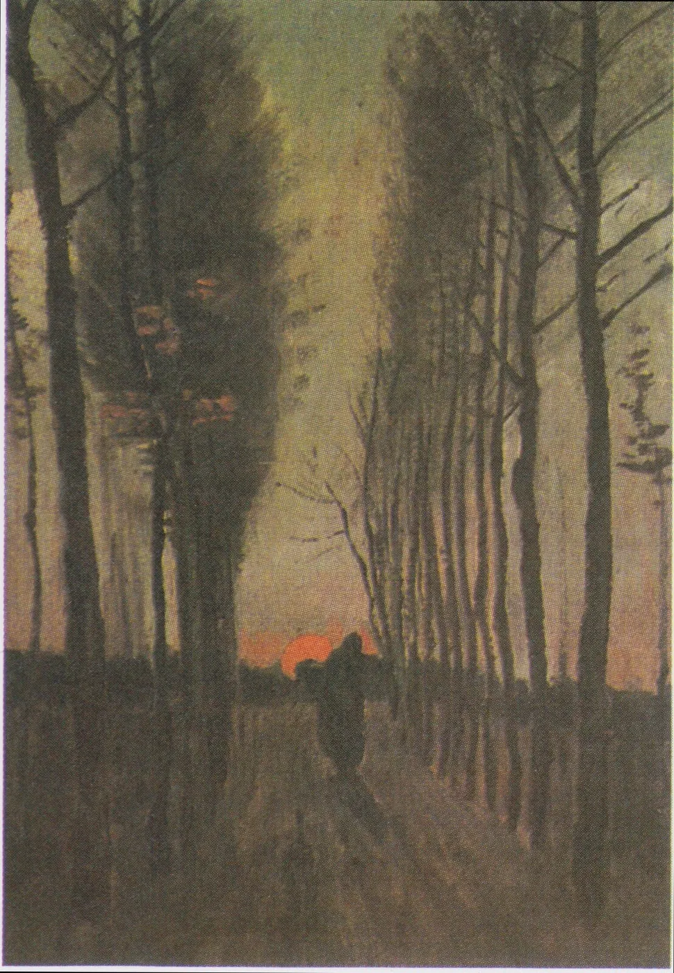 Avenue of Poplars at Sunset (1884) by Vincent van Gogh — original painting reproduced as a hand-painted oil on canvas