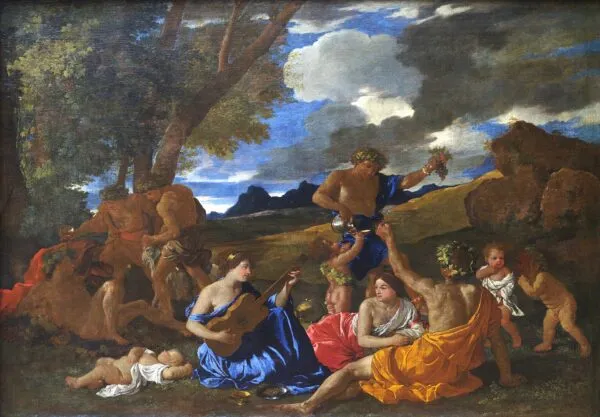 Bacchanal with a Lute Player (1627) by Nicolas Poussin — original painting reproduced as a hand-painted oil on canvas