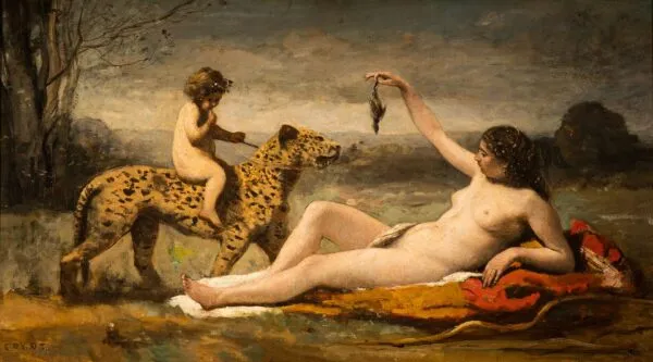 Bacchante with a Panther (1860) by Jean-Baptiste Camille Corot — original painting reproduced as a hand-painted oil on canvas