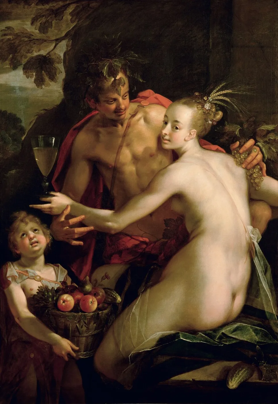 Bacchus, Ceres and Cupid (1600) by Hans von Aachen — original painting reproduced as a hand-painted oil on canvas