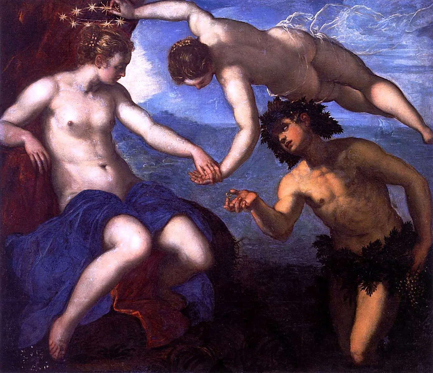 Bacchus, Venus and Ariadne (1577) by Jacopo Tintoretto — original painting reproduced as a hand-painted oil on canvas